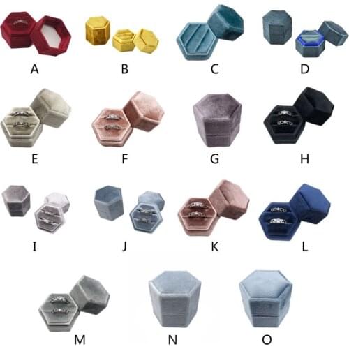GrayVelvet Double Ring Box Hexagon Wedding Ceremony Ring Box with Detachable Lid