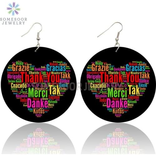 SOMESOOR World Languages Thank You Merci Printed Wooden Drop Earrings Vintage Greatful Words Design Loops Dangle For Women Gifts