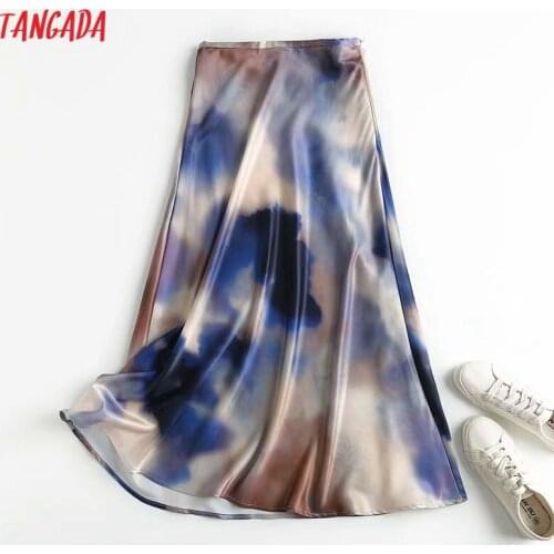 Tangada 2021 New Women Tie Dyed Satin Midi Skirt Vintage Side Zipper Ladies Chic Mid Calf Skirts 4C174