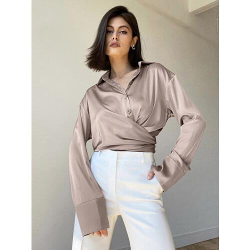 Womens Blouse Top Fashion Button Satin Silk Blouse Vintage Top Office Womens Long Sleeve Top Loose Basic Top Free Shipping