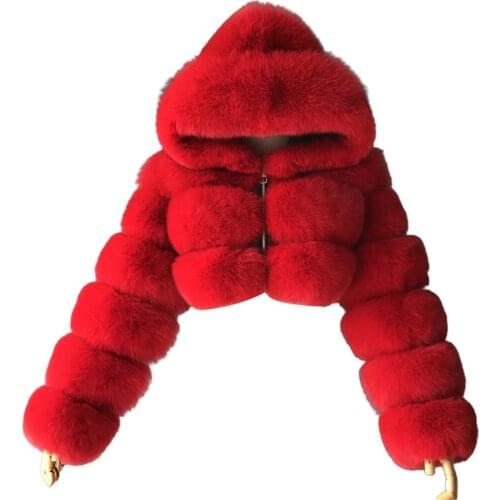 JESSIC Plus size Women Jacket Fashion Winter Faux Fur Cropped Coat Fluffy Zip Hooded Warm Short Jacket