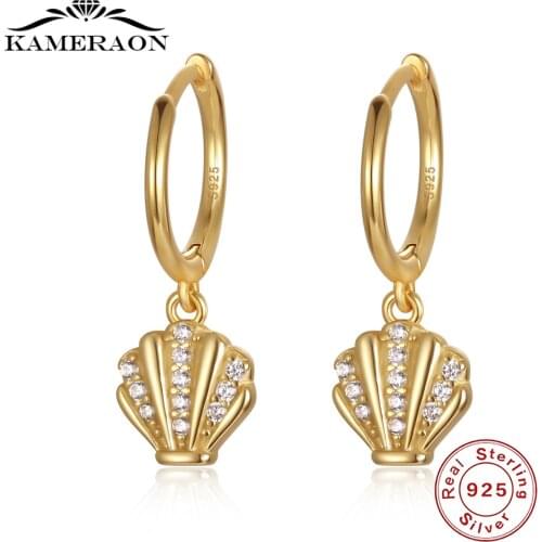 S925 Sterling SIlver Earrings Shell Shape Gold Color Hoop Earrings For Women Cute Butterfly Horse Animal Circle Earrings NO.02