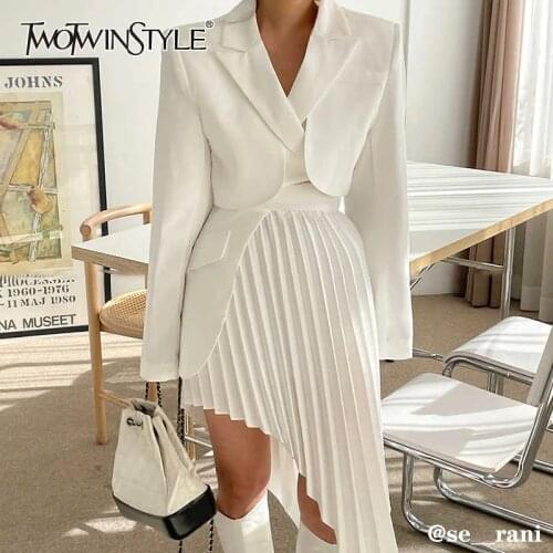 TWOTWINSTYLE Casual White Two Piece Set For Women Notched Long Sleeve Blazer High Waist Irregular Hem Skirt Female Korean Sets