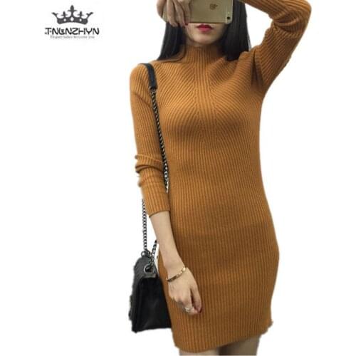 2019 Autumn Winter Women Knitted Sweater High collar Long sleeve Pullover Sweater Slim Solid color Clothing Ladies Dress Sweater