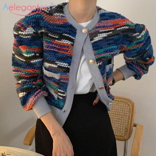 Aelegantmis Korea Color Block Tie Dye Cropped Knitted Cardigan Women Vintage Cozy Soft Sweaters Coat Casual Jumpers Chic Short