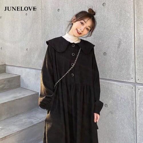 JuneLove Women Korean Lovely Peter-Pan-Collar All-match Spring Autumn Preppy Girls Long Dresses A-Line High Waist Corduroy Dress