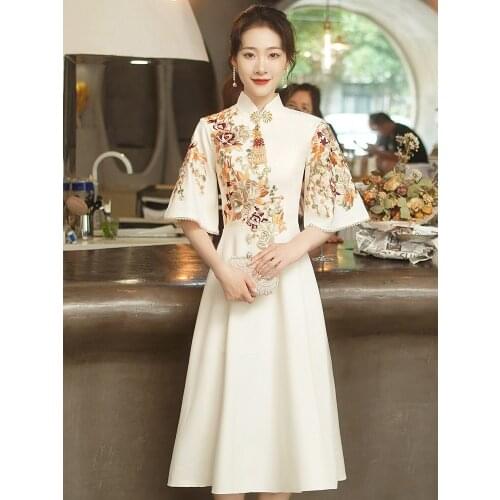 2021 chinese bride wedding evening party dress vintage elegant cheongsam korean style vestidos oriental embroidery qipao dress