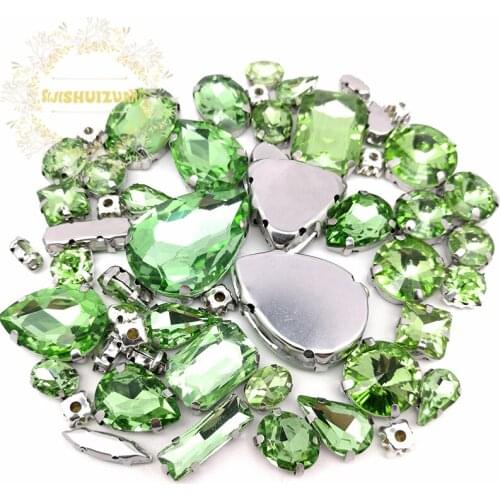 52pcs 23sizes 10shapes MIX Light Green Size Crystal Glass Sew-on Rhinestones silvery Bottom DIY Womens Dresses and Shoes