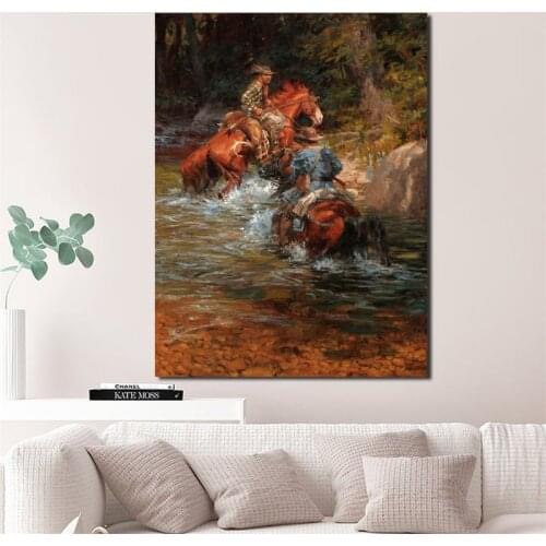 American West Cowboy Canvas Painting Print Living Room Home Decoration Modern Wall Art Oil Painting Poster PIctures Framework HD