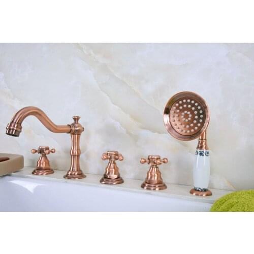 Antique Red Copper Brass Widespread Three Handles Deck Mounted 5 Holes Bathroom Tub Faucet Mixer Tap With Handshower mtf221