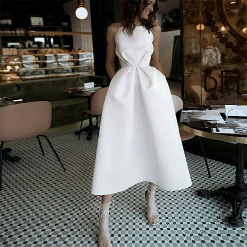 Bbonlinedress White Prom Dress 2020 with Pockets Spaghetti Strap Sexy Backless Evening Dress Tea-Length Party Dress