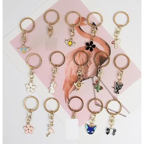 Flower Flamingo Cat Star Animal Daisy Rabbit Cartoon Keychain Key Chain Metal Ring Trinkets Car Bag Pendent For Women D234