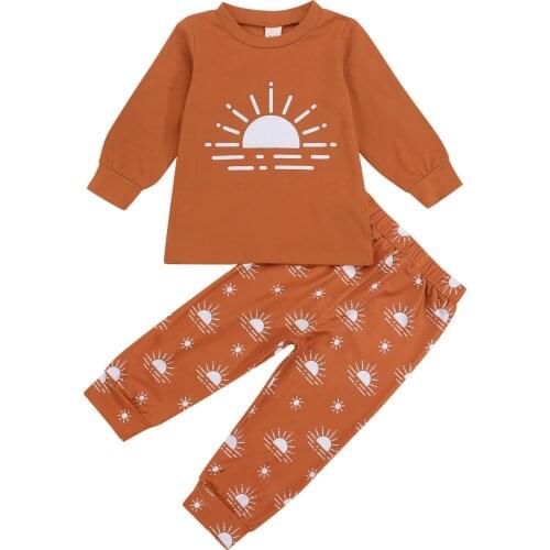 FOCUSNORM 2pcs Toddler Girls Fall Outfits Casual Long Sleeve Sun Print Pullover Tops Elastic Pants Set 1-5Y