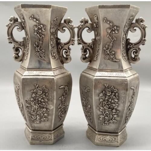 China White copper archaize flowers Pattern vase crafts statue A pair