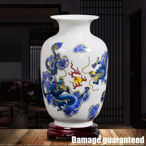 Chinese Traditional Antique Jingdezhen Vintage Animal Dragon bird flower Porcelain Vase with wood base
