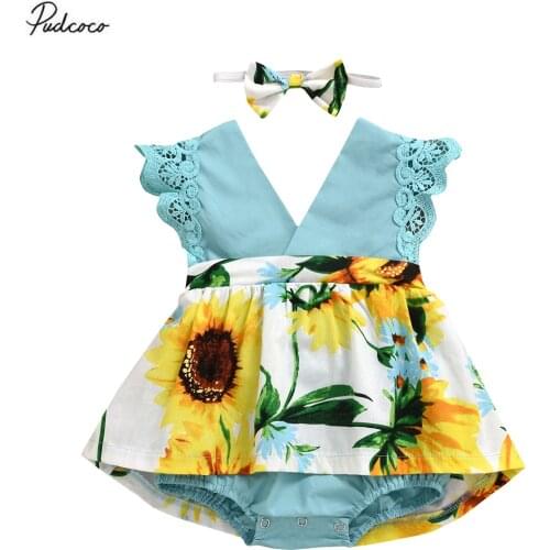 2020 Baby Summer Clothing 0-24M Newborn Baby Girls V-Neck Rompers Sunflowers Print Ruffles Lace Sleeve Jumpsuit Dress+Headband