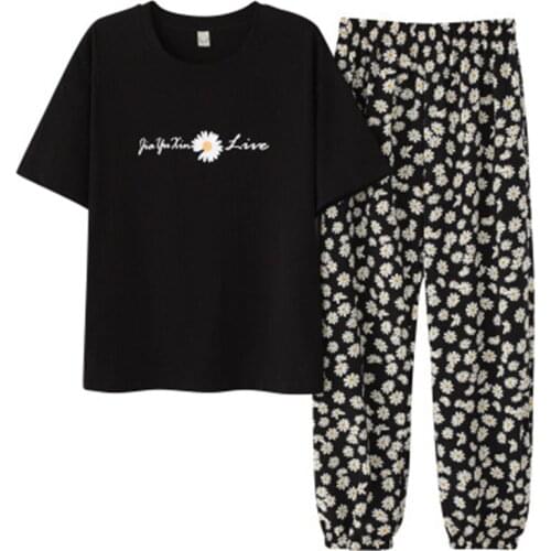 100% Cotton Sleepwear Women Short Sleeve Shirt Pants 2Piece/Set Casual Print Pyjama Set 2020 Sleep Tops