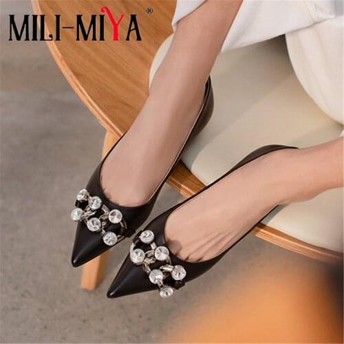 MILI-MIYA New Arrival Women Cow Leather Flats Pointed Toe Crystal Slip On Solid Color Plus Size 34-41 Handmade For Ladies