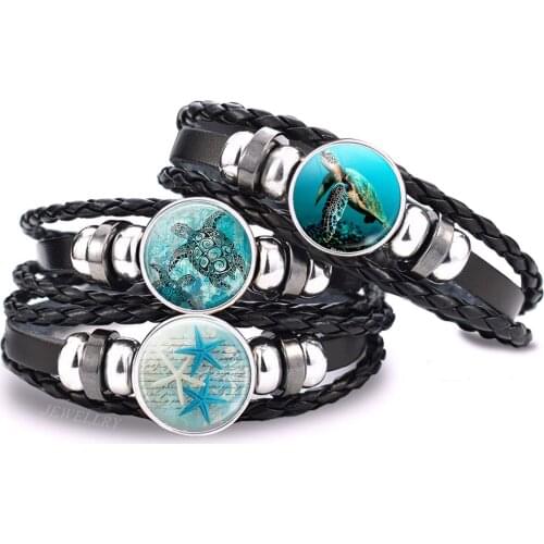 Sea Turtle Dolphin Seashells Bracelet Handmade Glass Cabochon Jewelry Vintage Ocean Souvenir Black Cool Punk Bracelets Mens Gift