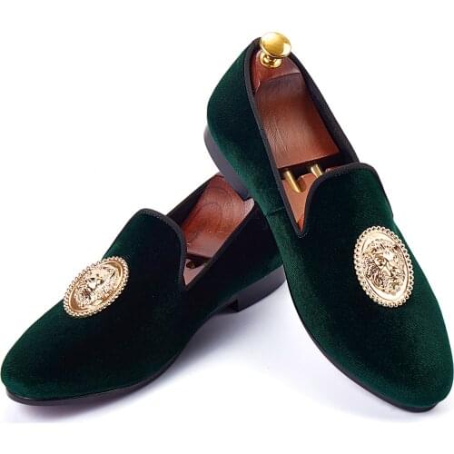 Harpelunde Men Wedding Shoes Hot Sell Green Velvet Loafers With Animal Buckle Handmade Flats Size 6-14