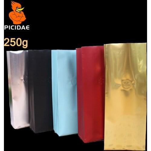 Half Pound Coffee Candy PetFoodStorage Bag 250 G Air Aluminum Standing Heat Back Four Side Foil Open Top Valve Side Gusset Seal