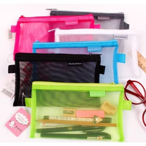 1 Pcs Transparent Grid Zipper Pen Bag Pencil Case Storage Package for Grils Korean Stationery School Supplies