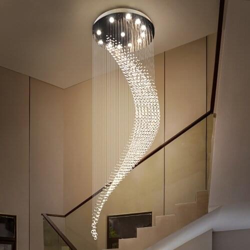 Modern Duplex Spiral Staircase Ceiling Chandelier Lighting Moon Long Crystal Chandeliers Villa Hall Hanging Line Lamp