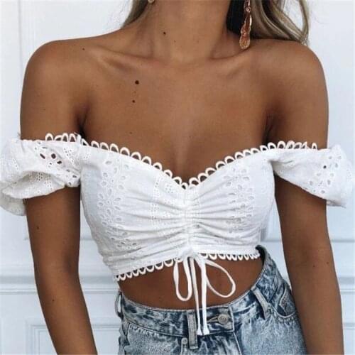 2021 New Style Womens Off Shoulder Crop Tops Hollow Out Lace Up Chest Vest Elastic Back Short Top for Female White