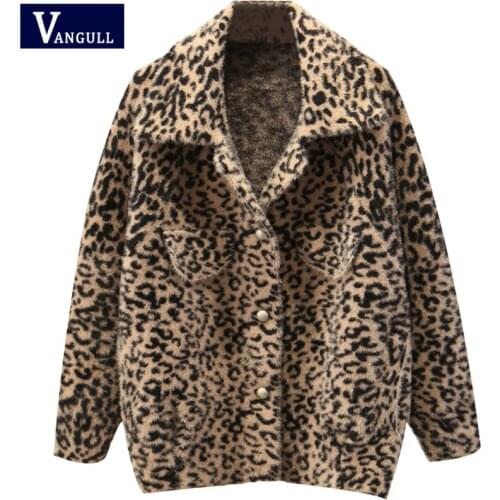 Vangull Faux Fur Mink Fleece Women Coat Winter Thick Warm Soft Single Breasted Leopard Print Jacket Female Plush Loose Overcoat