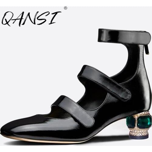 Spring Fashion Square Toe Black Pumps Designer Velcro Slip on Party Nightclub Pumps Round Green Crystal Low-heeled Womens Heels