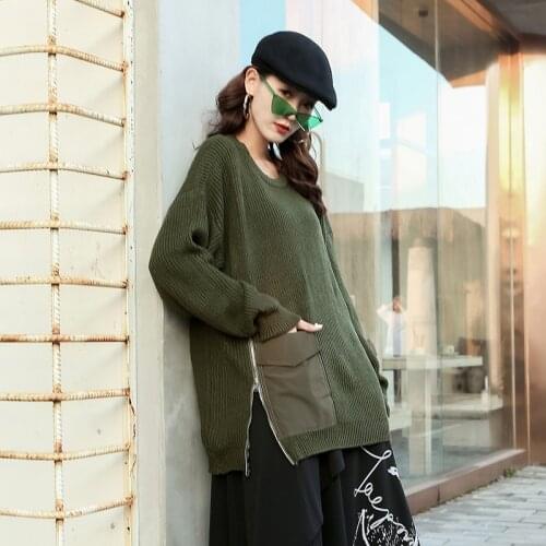 Knitted Pleated Sweater Fashion New 2020 Winter Pullover Pocket Full Sleeve Patchwork Elegant Casual Sweater Coat