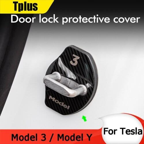 Tplus Car Door Lock Sticker For Tesla Model 3 /Model Y Logo Accessory Carbon Fiber Metal Decorative Protective Cover