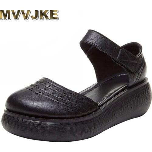 MVVJKE 2020Retro Genuine Leather Women Platform Sandals Sliades Shes Woman Hollow Out Shoes