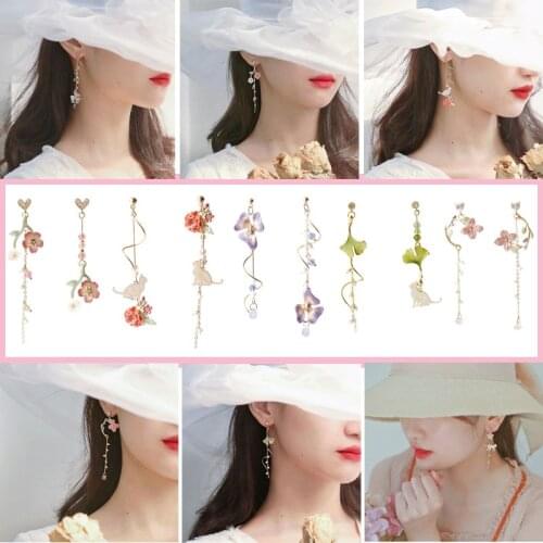 Arajuku Style High-end Delicate Pink Cherry Blossom Ginkgo Leaves Cat Flower Earrings Fashion Elegant Rhinestone Jewelry Women