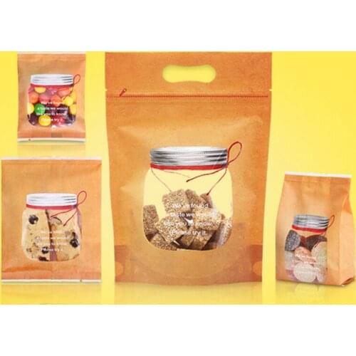 1000pcs New open window kraft paper candy and biscuit food bag, self-supporting transparent back zipper bag, multiple types of d