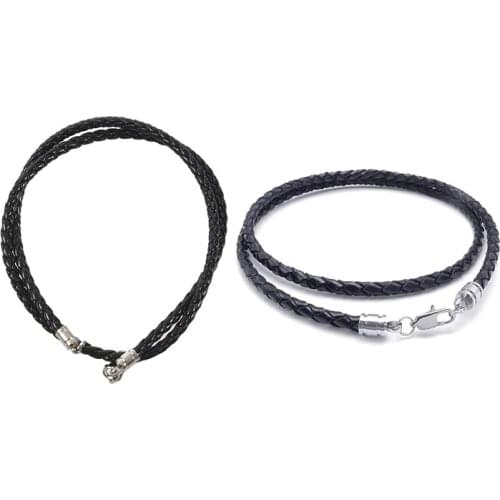 2Pcs Jewelry MenS Necklace , 3Mm Cord , Leather , Stainless Steel, Color Black Silver, with Gift Bag - 40Cm & 50Cm