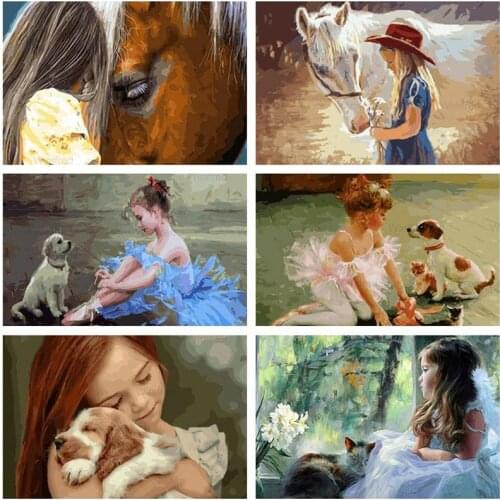 DIY 5D Diamond Painting Cute Girl and Animal Cat Dog Horse Full Square Round Diamond Embroidery Portrait Picture Wall Decoration