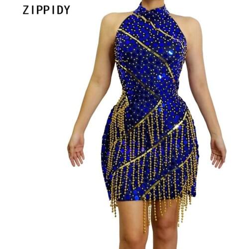 Beaded Fringe Sparkly Full Blue Gold Sequin Dress Prom Evening Birthday Celebrate Outfit Female Singer Show mini Dress
