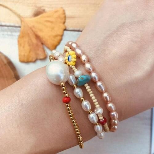 Boho Natural Freshwater Pearl Bracelet Women 2mm Stainless Steel Gold-color Bead Do Not Fade Baroque Fashion Jewelry Bangle