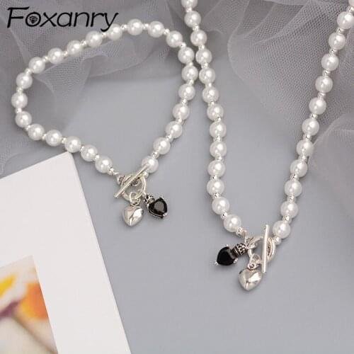 FOXANRY 925 Sterling Silver Necklace Bracelet Jewelry Set Trendy Elegant Pearls LOVE Heart Party Jewelry OT Buckle Accessories