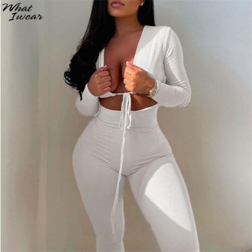 Whatiwear Solid Skinny Sexy Deep V Jumpsuit Sexy Low-Neck Long Sleeve Activewear Fitness Overalls Solid Casual Street Outfits