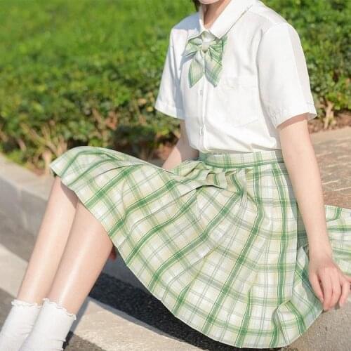 Japanese animed sailor suit school uniform 2 piece set Bow tie cherry blossom pudding plaid pleated skirt suit Pockets Button