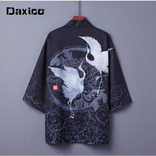 Crane Japanese Kimono Cardigan Samurai Kimono Streetwear Men Women Cardigan Japan Harajuku Anime Robe Traditional Clothes 2021