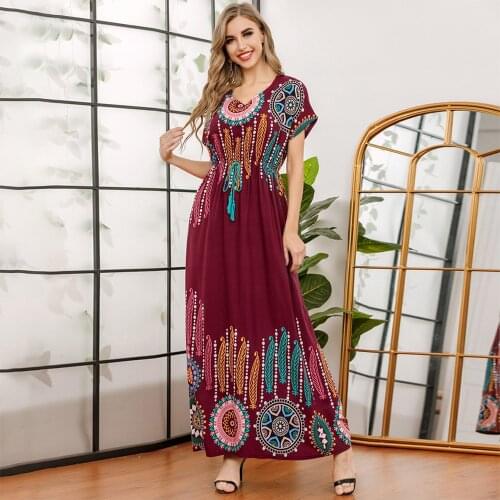 FridayIn Summer Womens Dress 2021 Bohemian Robe V-Neck Short Sleeve Flower Print Long Tunic Dresses