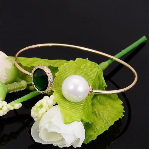 Miasol Flexible Golden Plated Bangle With Round Crystal And Pearl Open Adjustable Cuff Bangle For Women Bracelets Bangles Gifts