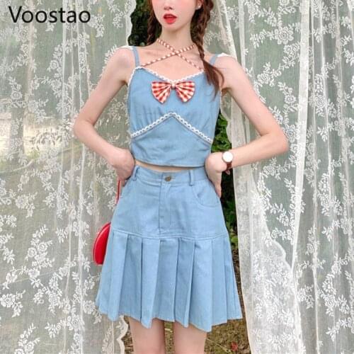 Japanese Sweet Lolita Two Piece Set Women Preppy Style Lace Bow Tank Tops + High Waist Pleated Skirt Suit Cool Girls 2 Piece Set