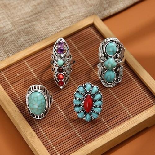 Boho Knuckle Rings Totem Carved Multicolor Gems Geometric Rings Set Women Sun Flower Joint Ring Female Jewelry