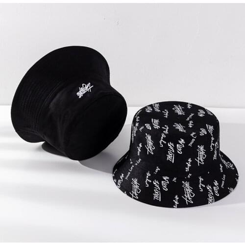 New Kpop Bucket Hat Women Embroidery Letters Double Side Cotton Reversible Sun Protection Cap Mens Panama Hat Fisherman Hats
