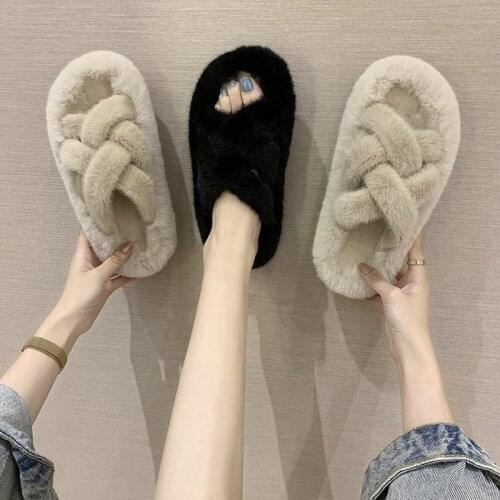 Cross Narrow band fur slippers women flip flops winter plush shoes women fur flat cozy furry slides femme pantoufles plus size40