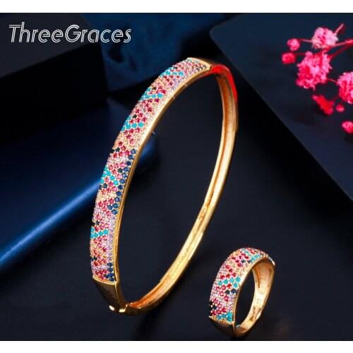 ThreeGrace Delicate Yellow Gold Color Bangle and Ring Set for Women Multicolor Cubic Zirconia Wedding Bracelet Jewelry JS133